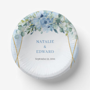 Romantic blue floral eucalyptus and gold frame paper plate