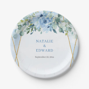 Romantic blue floral eucalyptus and gold frame paper plate