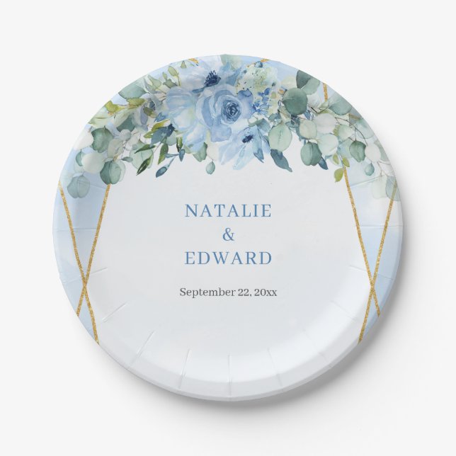 Romantic blue floral eucalyptus and gold frame paper plate (Front)