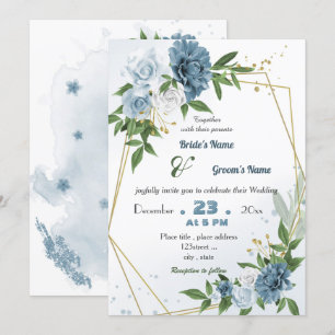 romantic blue floral geometric wedding invitation