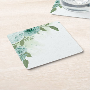 romantic blue floral greenery square paper coaster