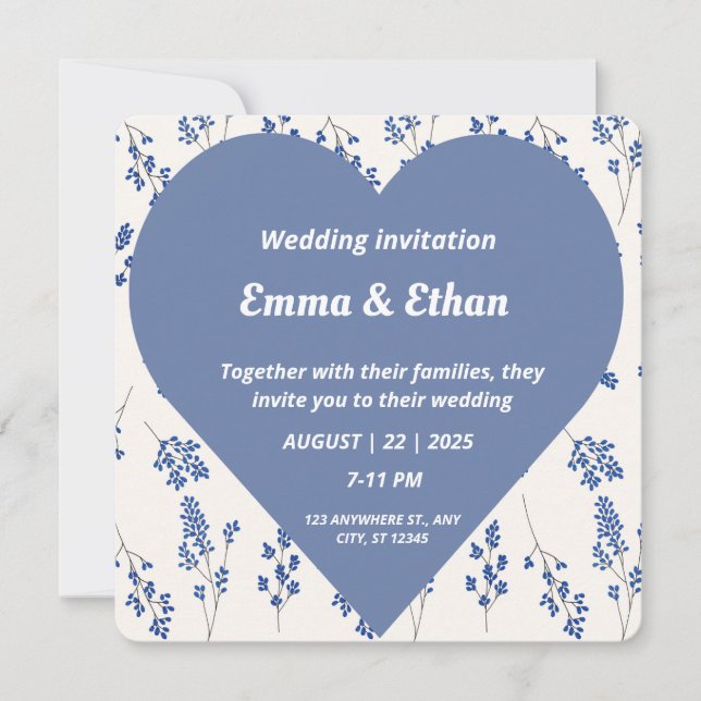 Romantic Blue Floral Heart Wedding Invitation  (Front)