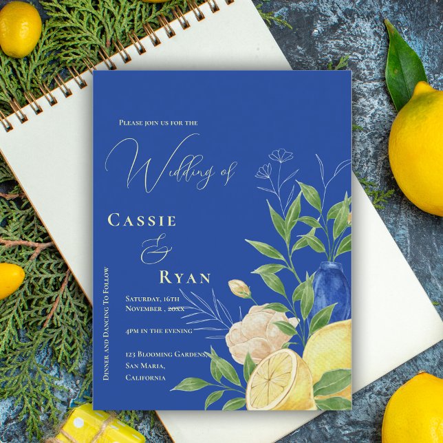 Romantic Blue Floral Lemon Wedding Invitation Postcard (Romantic Blue Floral Lemon Wedding Invitation Postcard)