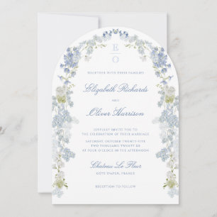 Romantic Blue Floral Monogram All in One Wedding Invitation