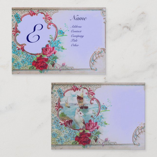ROMANTIC BLUE FLORAL MONOGRAM,ROSES,DOVE,SEASCAPE BUSINESS CARD (Front/Back)
