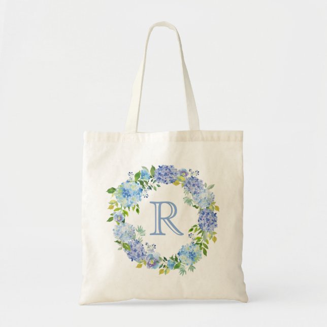 Romantic Blue Floral Monogram Tote Bag (Front)