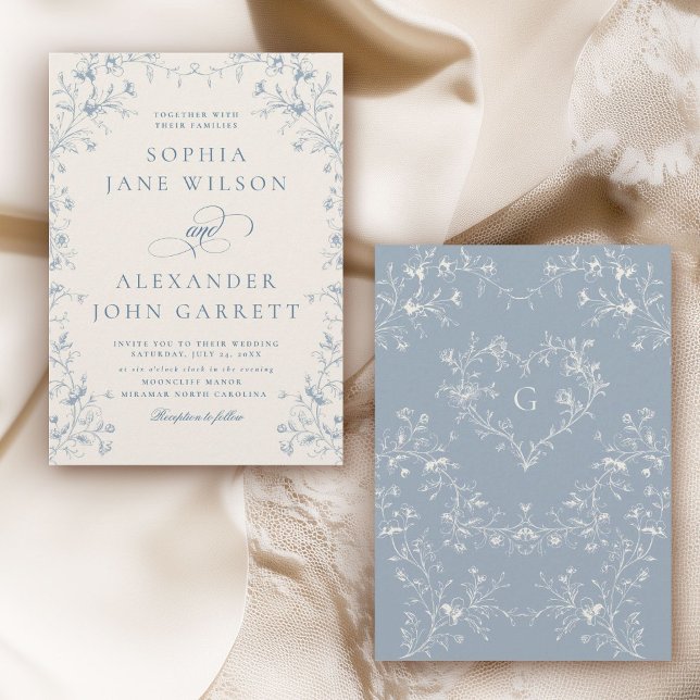 Romantic Blue Floral Monogram Wedding Invitation (Creator Uploaded)