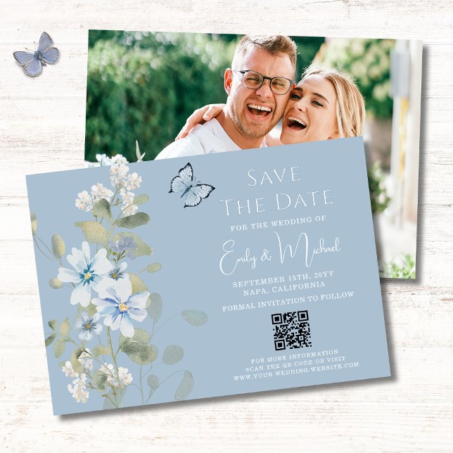Romantic Blue Floral Photo QR Code Wedding Save The Date (Creator Uploaded)