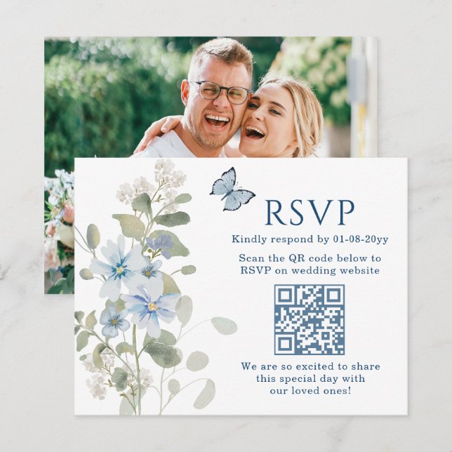 Romantic Blue Floral RSVP QR Code Photo Wedding (Front/Back)