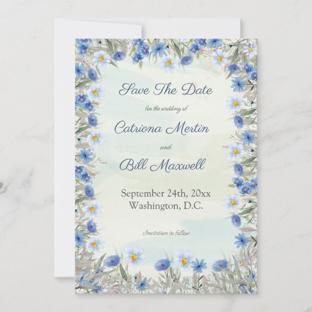 Romantic Blue Floral Save the Date Card (Front)