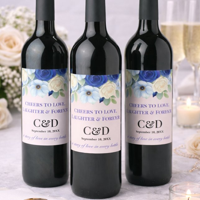 Romantic Blue Floral Wedding Classic Theme Wine Label (Creator Uploaded)