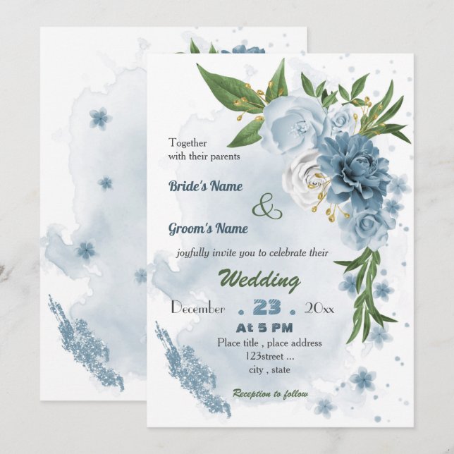 romantic blue floral wedding invitation (Front/Back)