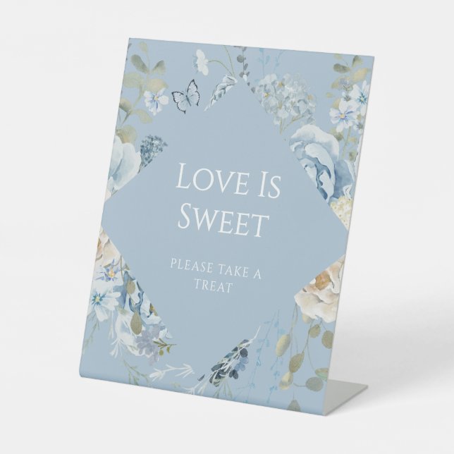 Romantic Blue Floral Wedding Love Is Sweet Pedestal Sign (Front)