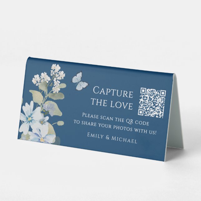 Romantic Blue Floral Wedding Photo Sharing QR Code (Front)