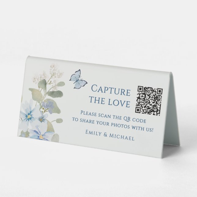 Romantic Blue Floral Wedding Photo Sharing QR Code (Front)