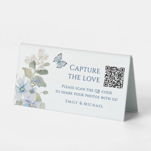 Romantic Blue Floral Wedding Photo Sharing QR Code (Front)