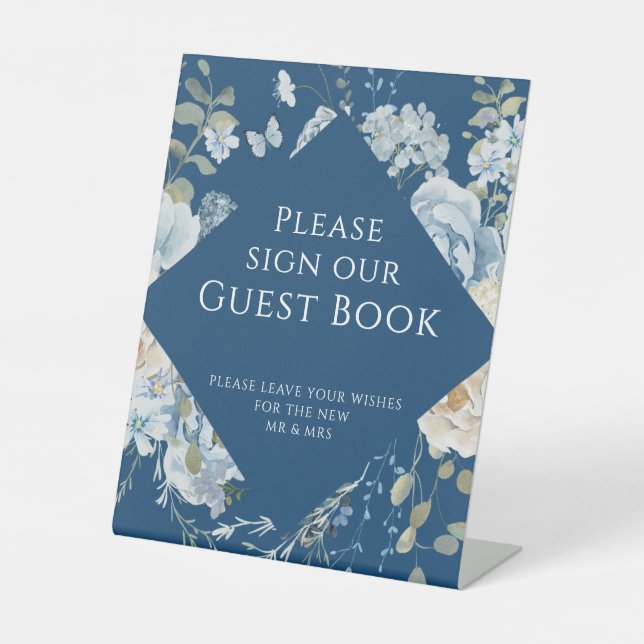 Romantic Blue Floral Wedding Sign Our Guest Book (Front)