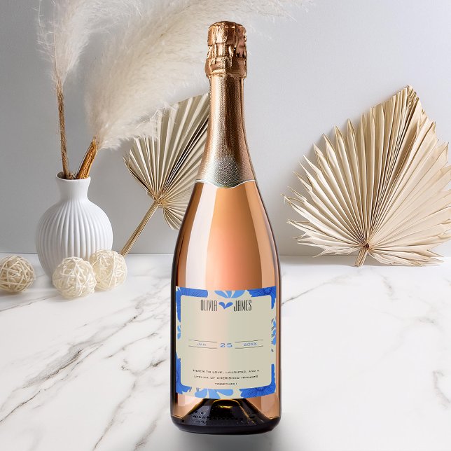 Romantic Blue Floral Wedding Sparkling Wine Label (Creator Uploaded)