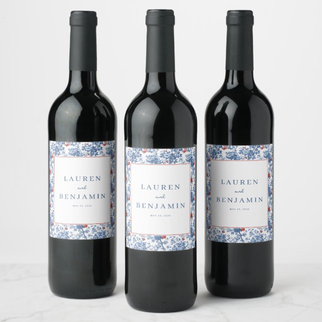 Romantic Blue Floral Wine Label (Bottles)