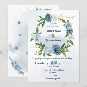 romantic blue floral wreath wedding invitation