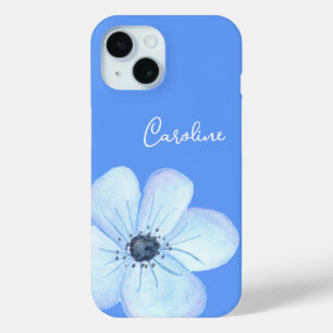 Romantic Blue Flower Watercolor Custom Name iPhone 15 Case