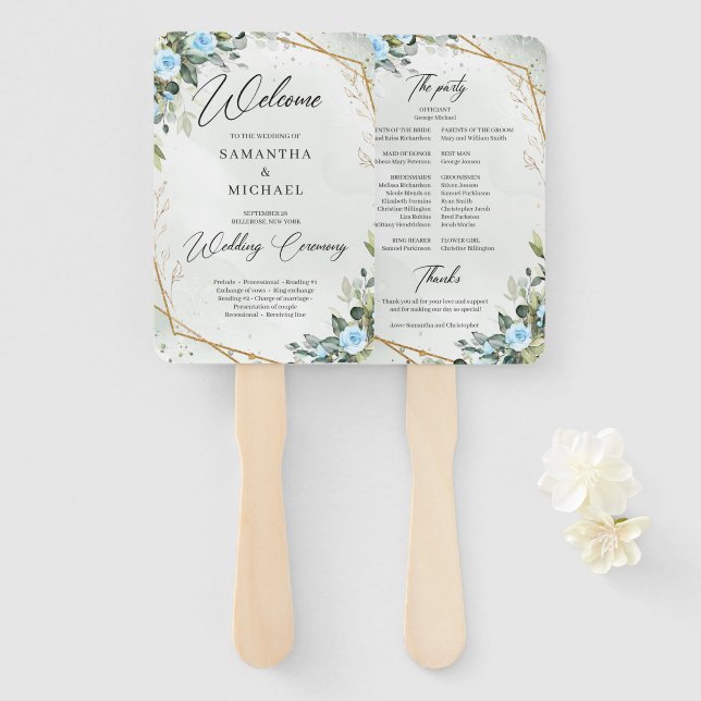 Romantic Blue flowers and eucalyptus gold wedding Hand Fan (Front and Back)