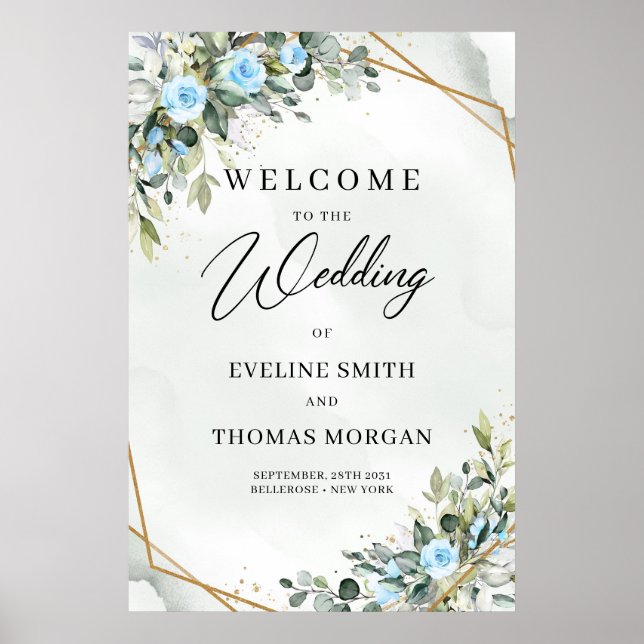 Romantic Blue flowers and eucalyptus gold wedding Poster (Front)