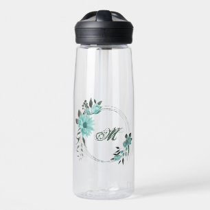 romantic blue flowers and green leaves water bottle