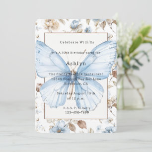 Romantic Blue Flowers Brown Butterfly Birthday Invitation
