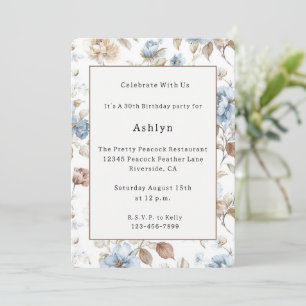 Romantic Blue Flowers Brown Leaves Birthday Invitation