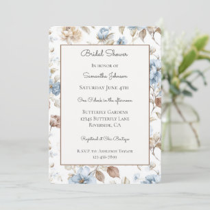 Romantic Blue Flowers Brown Leaves Bridal Shower Invitation