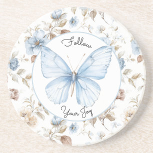 Romantic Blue Flowers Brown Leaves Butterfly Coaster