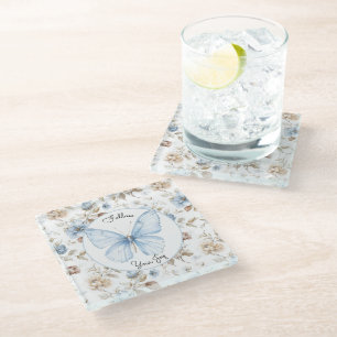 Romantic Blue Flowers Brown Leaves Butterfly Glass Coaster