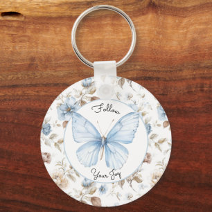 Romantic Blue Flowers Brown Leaves Butterfly Key Ring