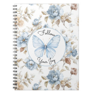 Romantic Blue Flowers Brown Leaves Butterfly Notebook