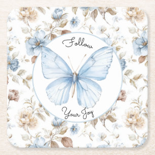 Romantic Blue Flowers Brown Leaves Butterfly Square Paper Coaster