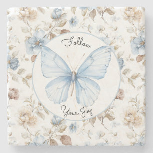 Romantic Blue Flowers Brown Leaves Butterfly Stone Coaster