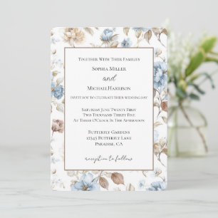 Romantic Blue Flowers Brown Leaves Elegant Wedding Invitation