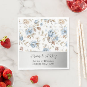 Romantic Blue Flowers Brown Leaves Silver Wedding Napkin