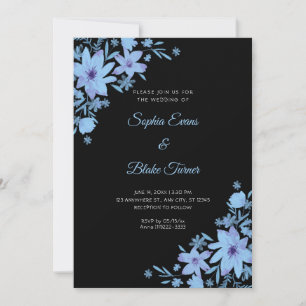 Romantic Blue Flowers Floral Black Wedding Invitation
