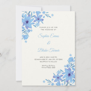 Romantic Blue Flowers Floral White Cream Wedding Invitation