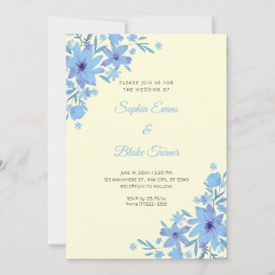 Romantic Blue Flowers Floral Yellow Wedding Invitation