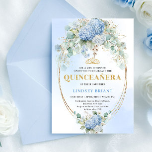 Romantic Blue Flowers Gold 15th Birthday Invite