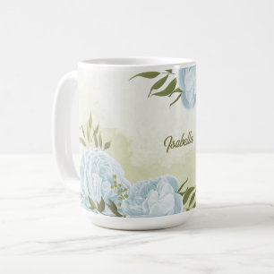 romantic blue flowers  & green leaves botanical coffee mug