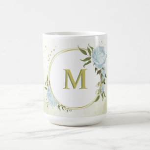 romantic blue flowers & green leaves botanical coffee mug