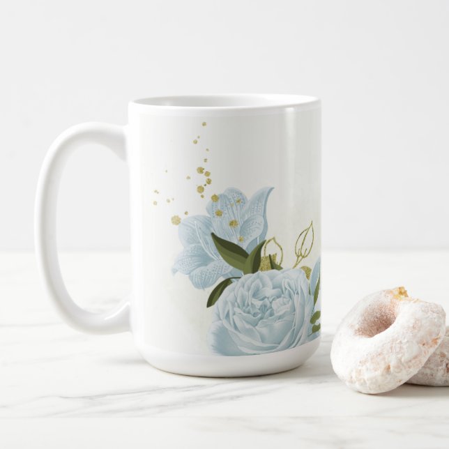 romantic blue flowers  & green leaves botanical coffee mug (With Donut)
