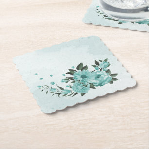 romantic blue flowers & green leaves paper coaster