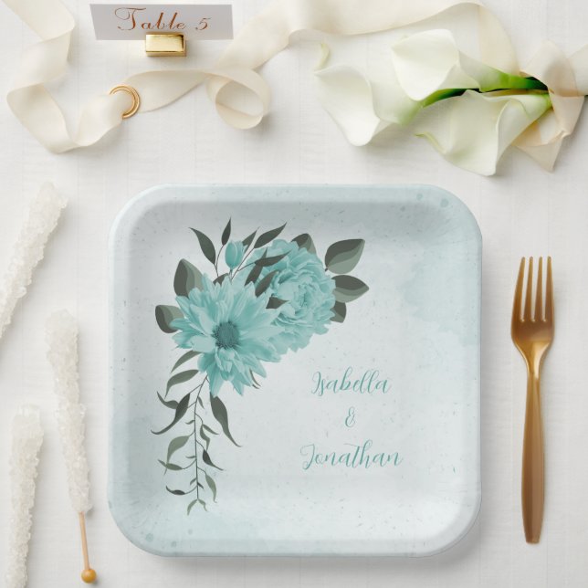 romantic  blue flowers & green leaves  paper plate (Wedding)
