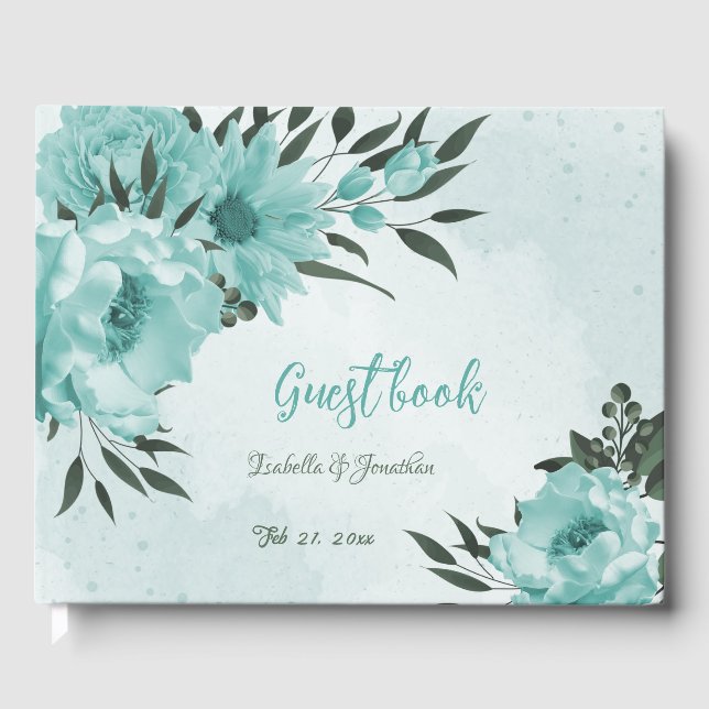 romantic  blue flowers & green leaves wedding guest book (Front)