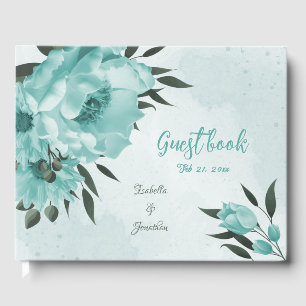 romantic blue flowers & green leaves wedding guest book